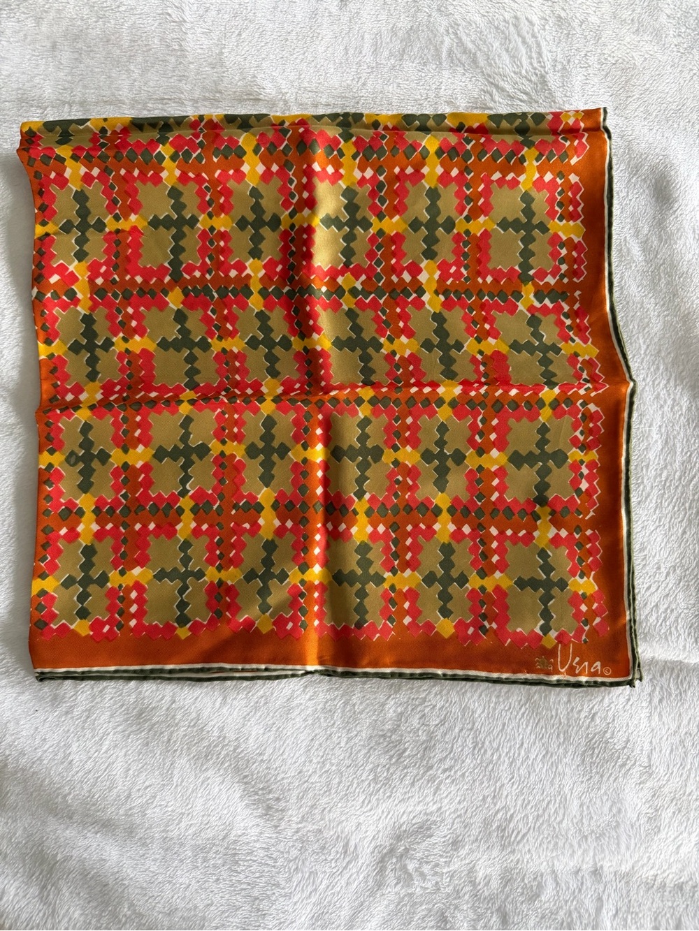 Vintage Vera Orange Geometric Silk Scarf - Signature Detail